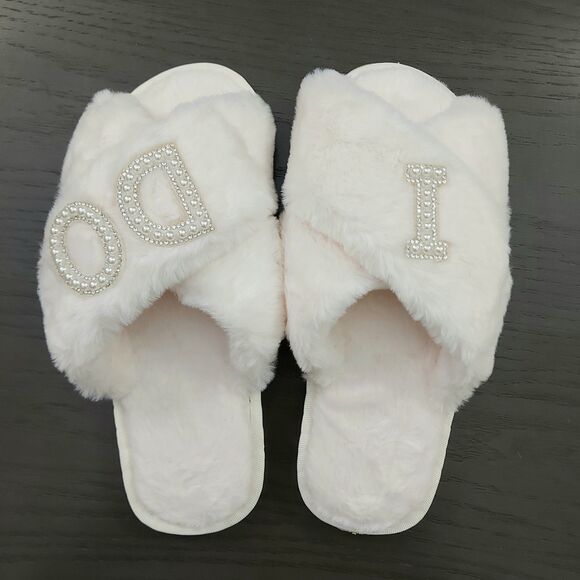 Wedding I Do Bride Slippers Size 40-41 Ivory Slip On Fluffy Wedding Anniversary - Picture 5 of 12
